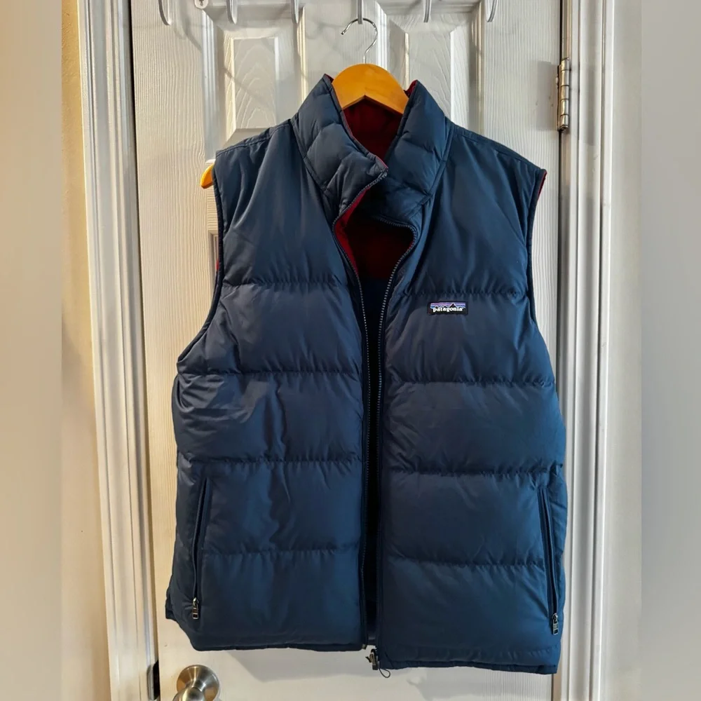 Patagonia Reversible Bivy Puffer Down Vest blue and red jacket